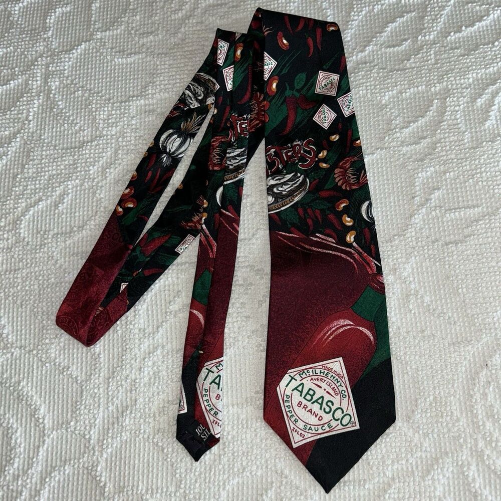 Tabasco Men's 100% Silk Tie Novelty Print Burgundy Green Black Graphics